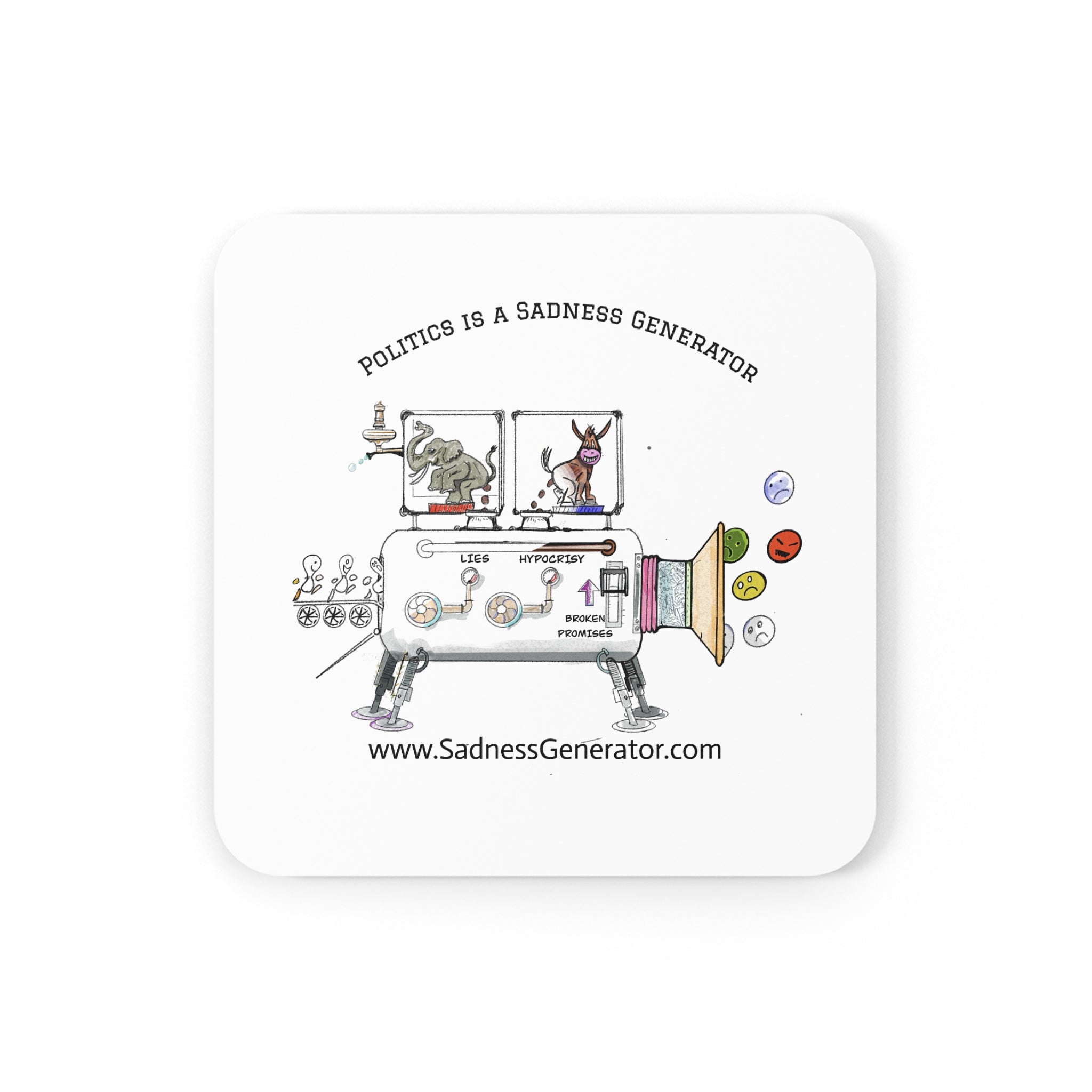 Cork Back Coaster — 'Politics Is a Sadness Generator' Illustrated Drink Coaster