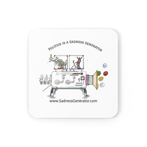 Cork Back Coaster — 'Politics Is a Sadness Generator' Illustrated Drink Coaster