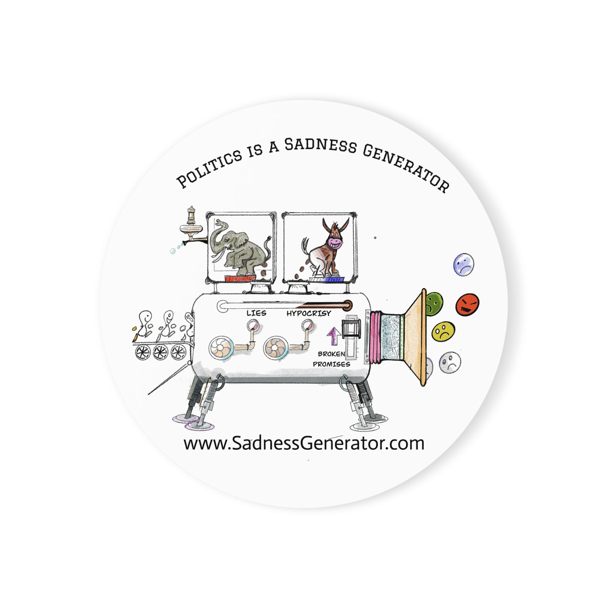 Cork Back Coaster — 'Politics Is a Sadness Generator' Illustrated Drink Coaster