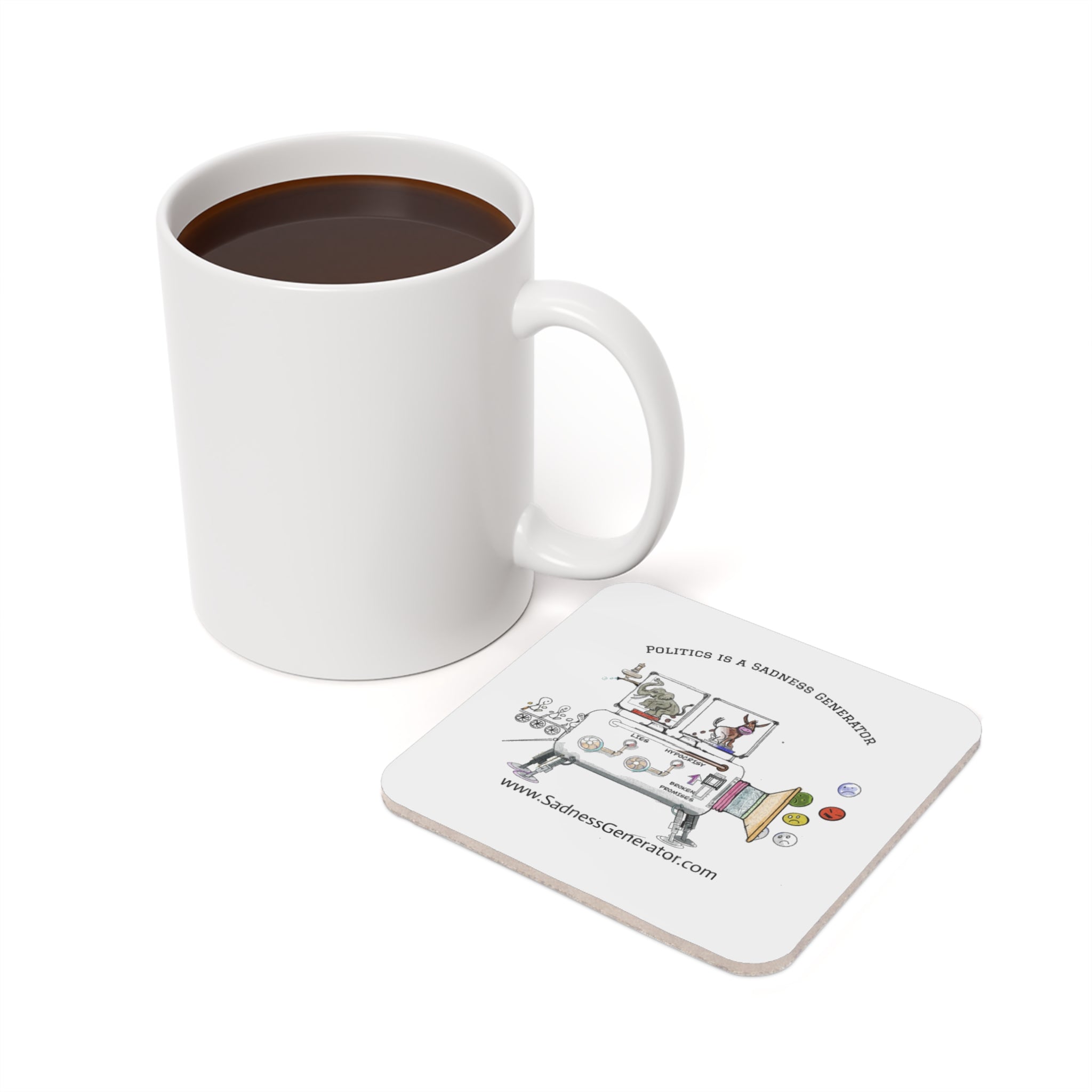 Cork Back Coaster — 'Politics Is a Sadness Generator' Illustrated Drink Coaster